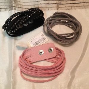 Set of three wrap bracelets grey, pink and black
